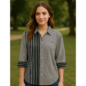 Lauren Ralph Lauren Striped Button Up Shirt Womens Sz 3X Black White 100% Cotton